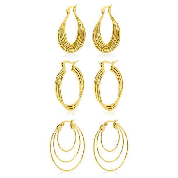 Aros Finos Ovalados JeenMata 3 Pares de múltiples bucles Aros Chapados en oro amarillo