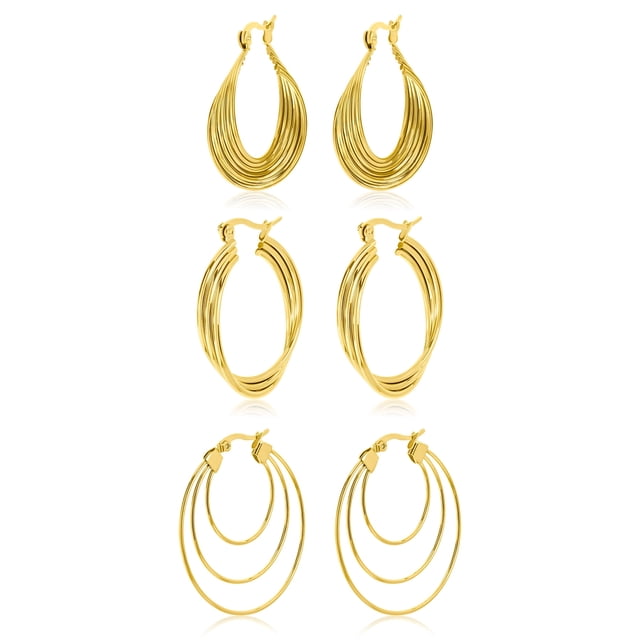 Aros Finos Ovalados JeenMata 3 Pares de múltiples bucles Aros Chapados en oro amarillo