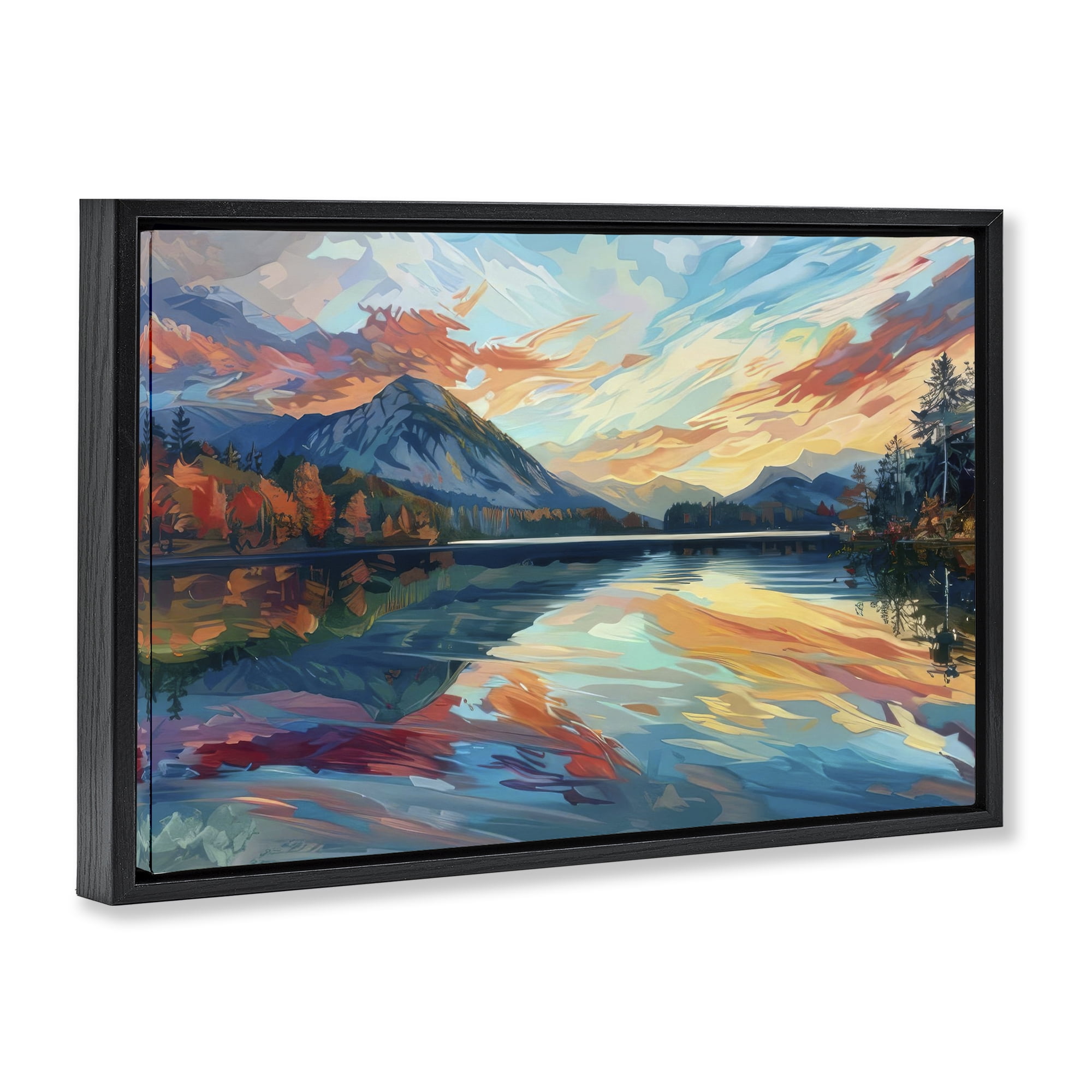 Stupell Industries Abstract Swirled Lake & Mountain Landscape & Nature Painting Black Floater Framed Canvas Art Print Wall Art, 25 x 17