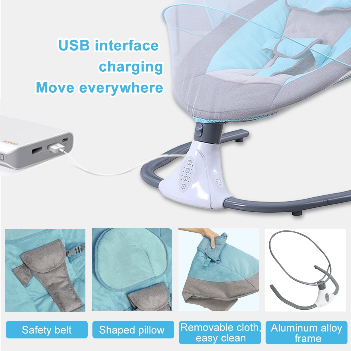 BEJOLO Electric Baby Swing for Infants, Portable Baby Bouncer with Remote Control,bluetooth Music, Blue