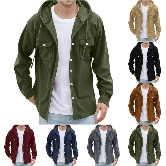 Afuyipoi Oversized Cargo Button Up Shirts for Men Hooded Jacket,Casual Corduroy Outerwear Midweight Long Sleeved Drawstring Pocket Button Jacket Army Green 3XL