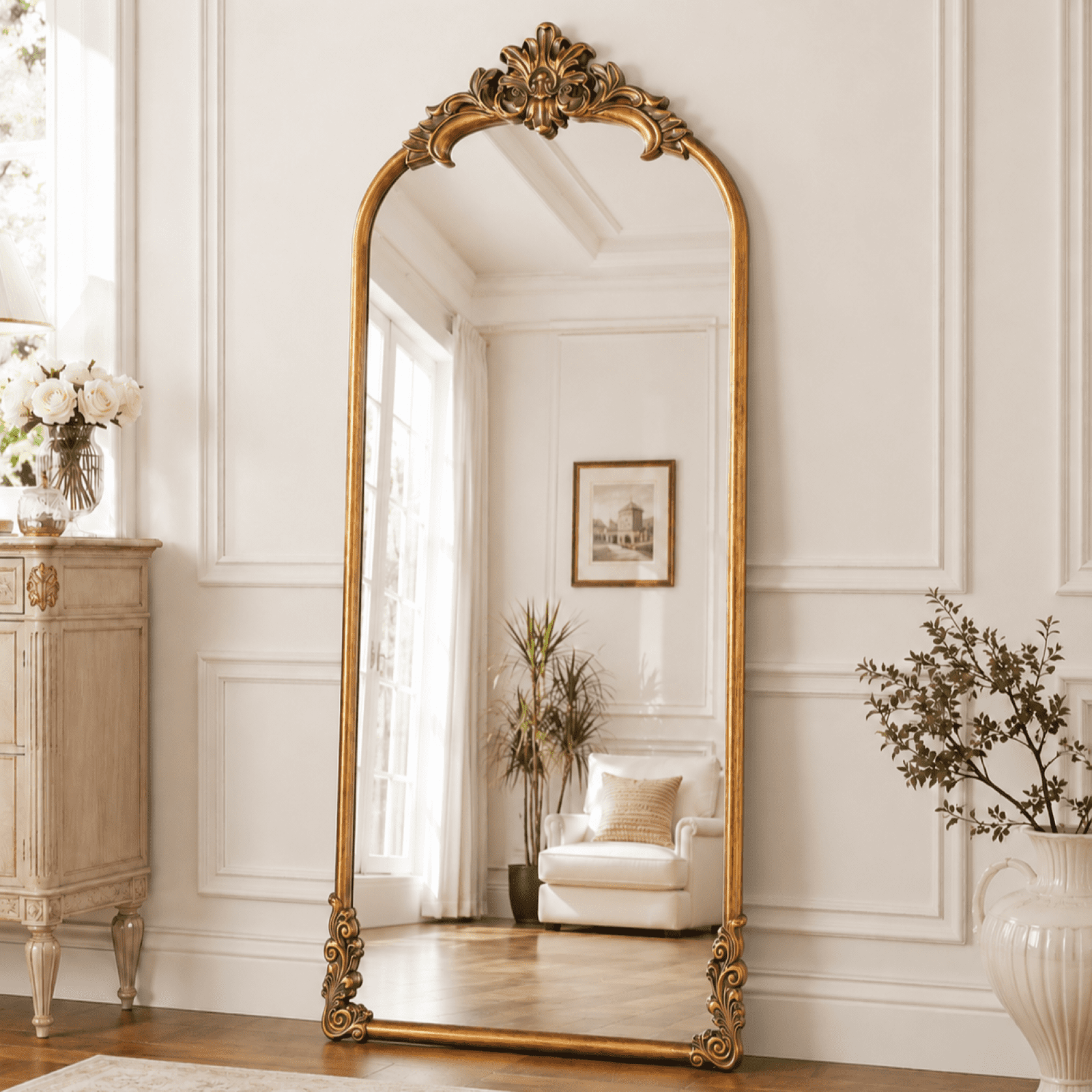 VORENTA 69"x28" Vintage Floor Mirror Arched Full Length Mirror Baroque Carved Wall Mounted Decor Traditional Ornate Mirror with Stand, Antique Bronze