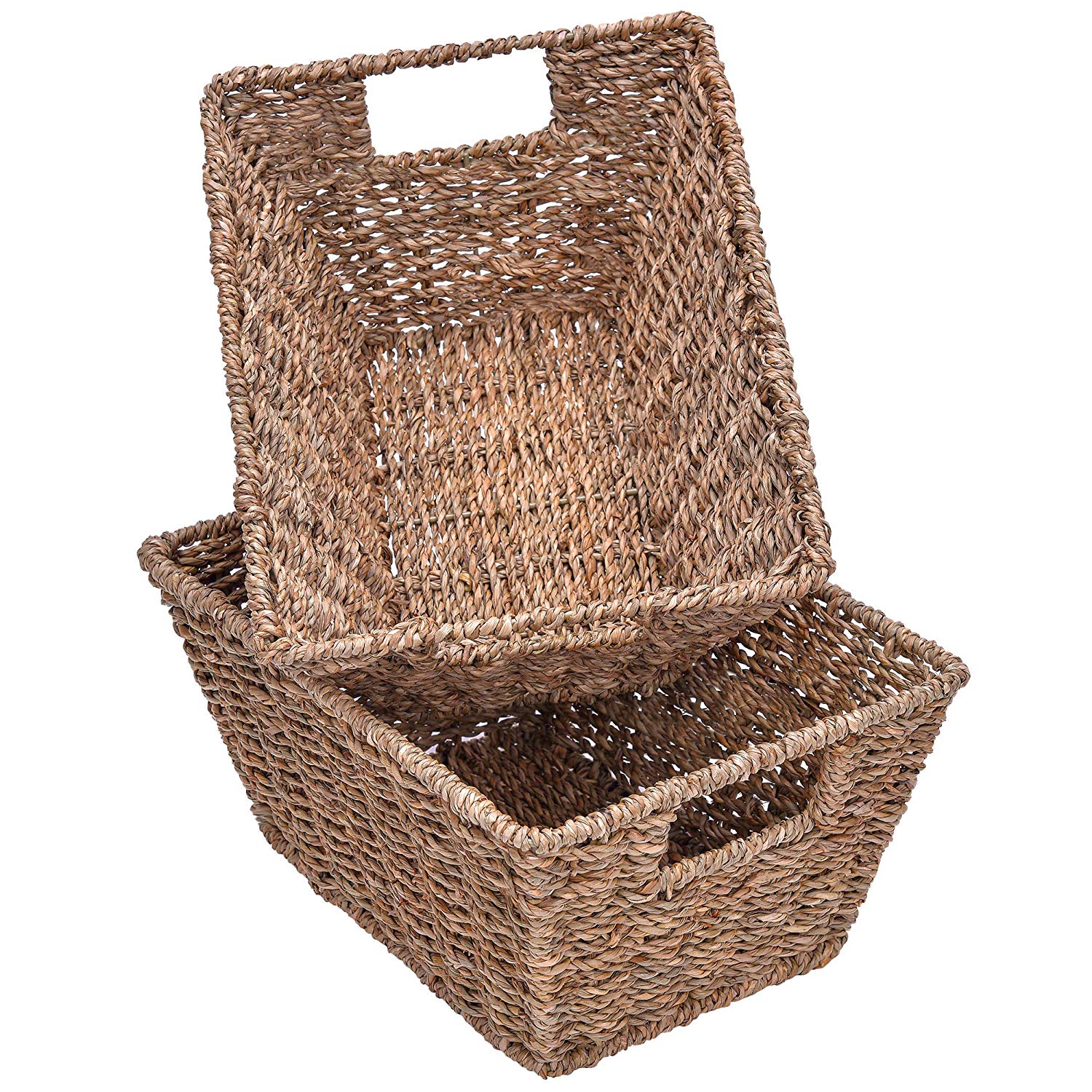 Seagrass Storage Baskets, Woven Baskets with Insert Handles, 12” x 9” x