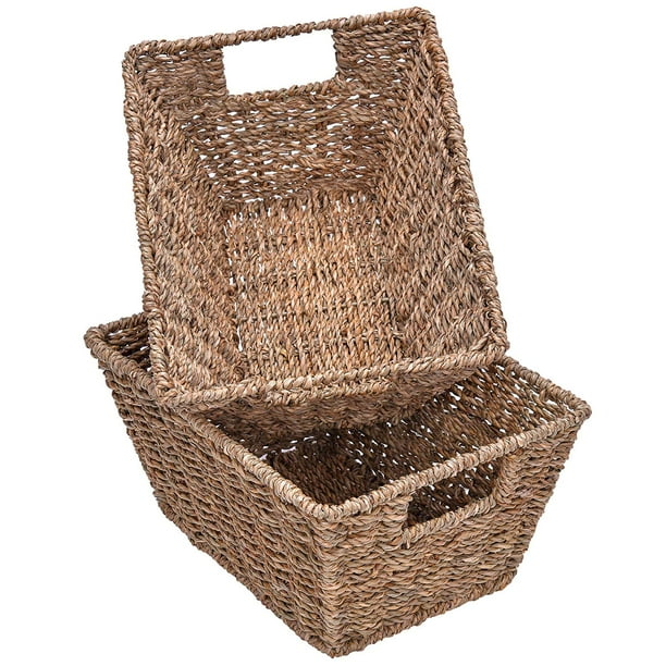 Seagrass Storage Baskets, Woven Baskets with Insert Handles, 12” x 9” x