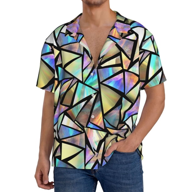 Balery Colored Glass Camisa Casual de Manga Corta con Botones para Hombre, Texturizada, Estilo Cubano, para Playa, Verano-3X-Large