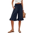 thumbnail image 2 of Cotton Linen Pants Women Summer Casual Pull on Wide Leg Drawstring Elastic Waist Petite Ruffle Hem Capri Pants with Pockets Navy XL, 2 of 7