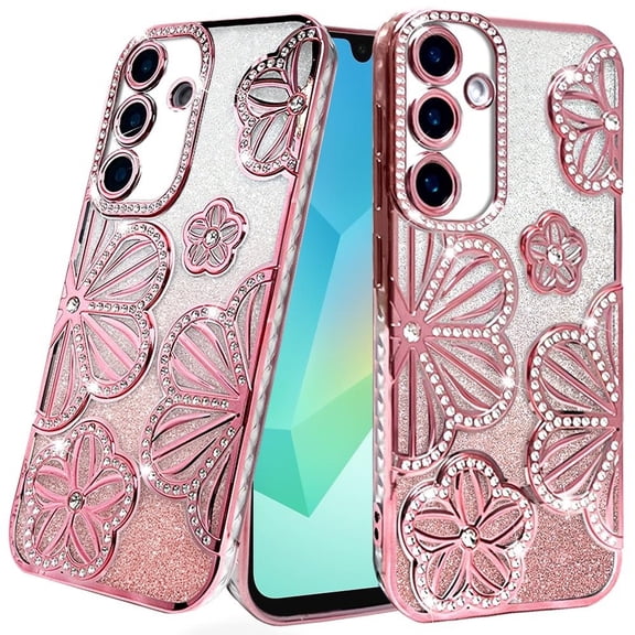 For Samsung A16 5G Shimmer Glitter Floral Design Thick TPU Case Cover - Rose Gold