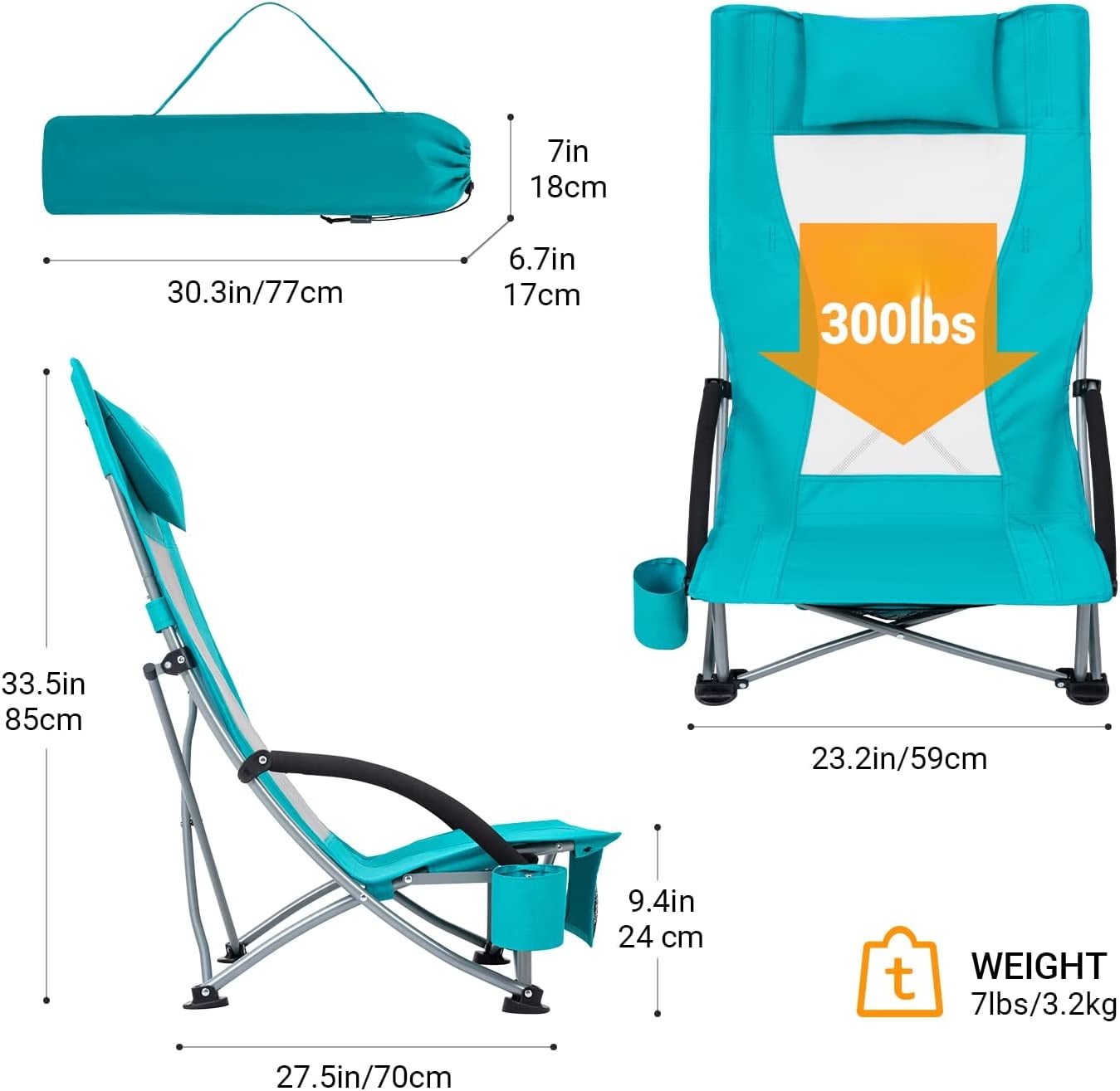 Sling Beach Chairs Folding Low/High Mesh Reclining Back Low Seat Beach