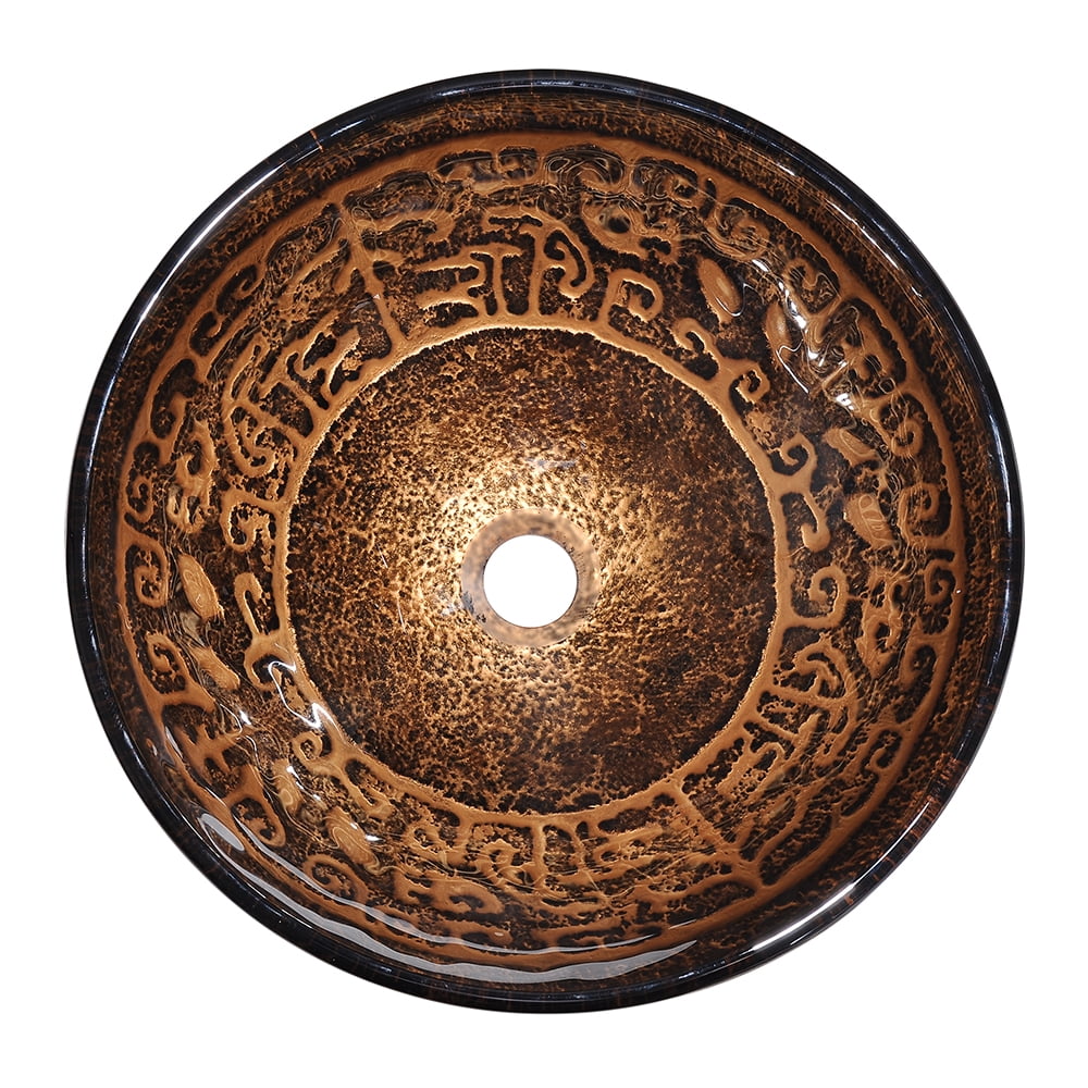 Aquaterior Tempered Glass Round Vessel Sink Antique Totem Pattern Above Counter Bathroom Lavatory Vanity Bowl Basin