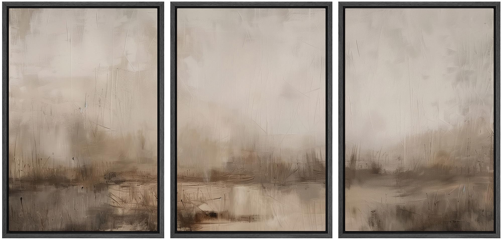 IDEA4WALL Framed Canvas Print Wall Art Set of 3 Vintage Abstract Landscape Misty Horizons Modern Art Wall Decor Pastel Brown Prints Retro Minimalist Artwork For Home Decor - Black 16"x24"x3