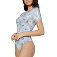 thumbnail image 2 of KLL Women 's Crew Neck Bodysuit Jumpsuits Blue Butterfly Print Short onesies Stretch T Shirts, 2 of 7