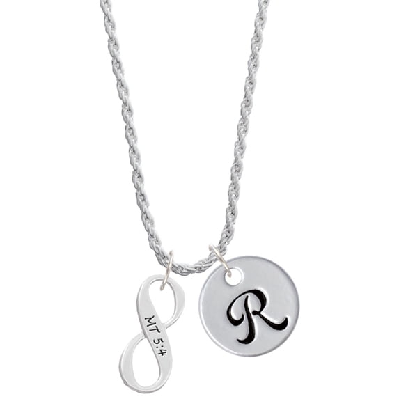 Delight Jewelry Silvertone Matthew 5:4 Infinity Sign Silvertone Script Initial Disc - R - Charm Necklace, 20"+3"