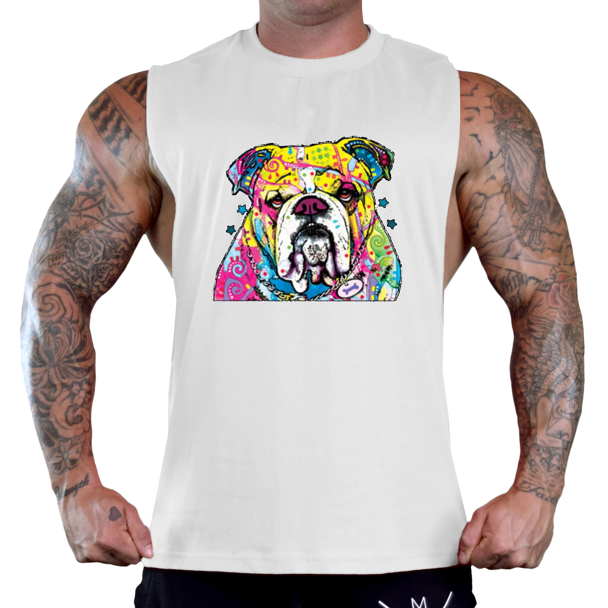 Men's Neon English Bulldog Sleeveless White TShirt Gym Tank Top Large