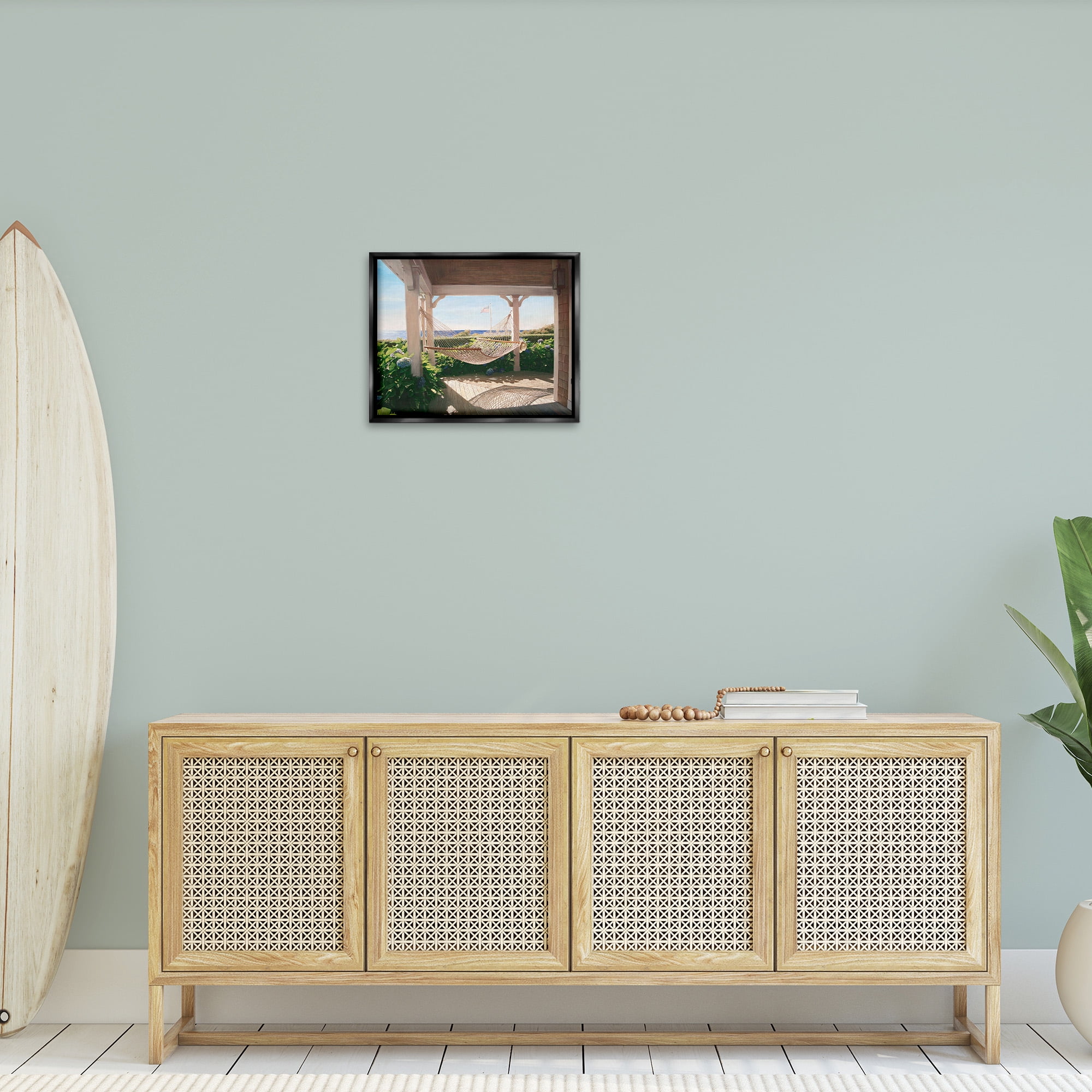 Stupell Industries Hammock & Coastal Porch Landscape Painting Black Floater Framed Canvas Art Print Wall Art, 21 x 17