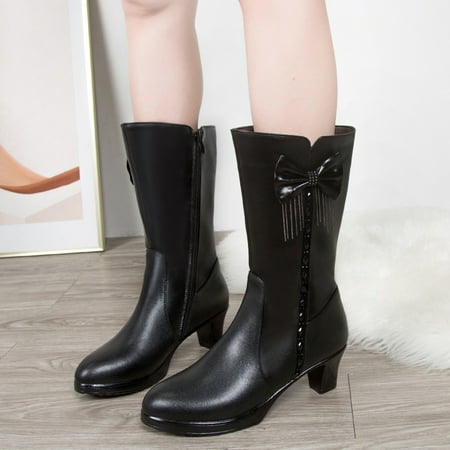 

ZMHEGW Boots For Women Toe Retro Winter Color Warm Keep Round Booties Middle Heels Solid High Zipper Bow Boots Shoes