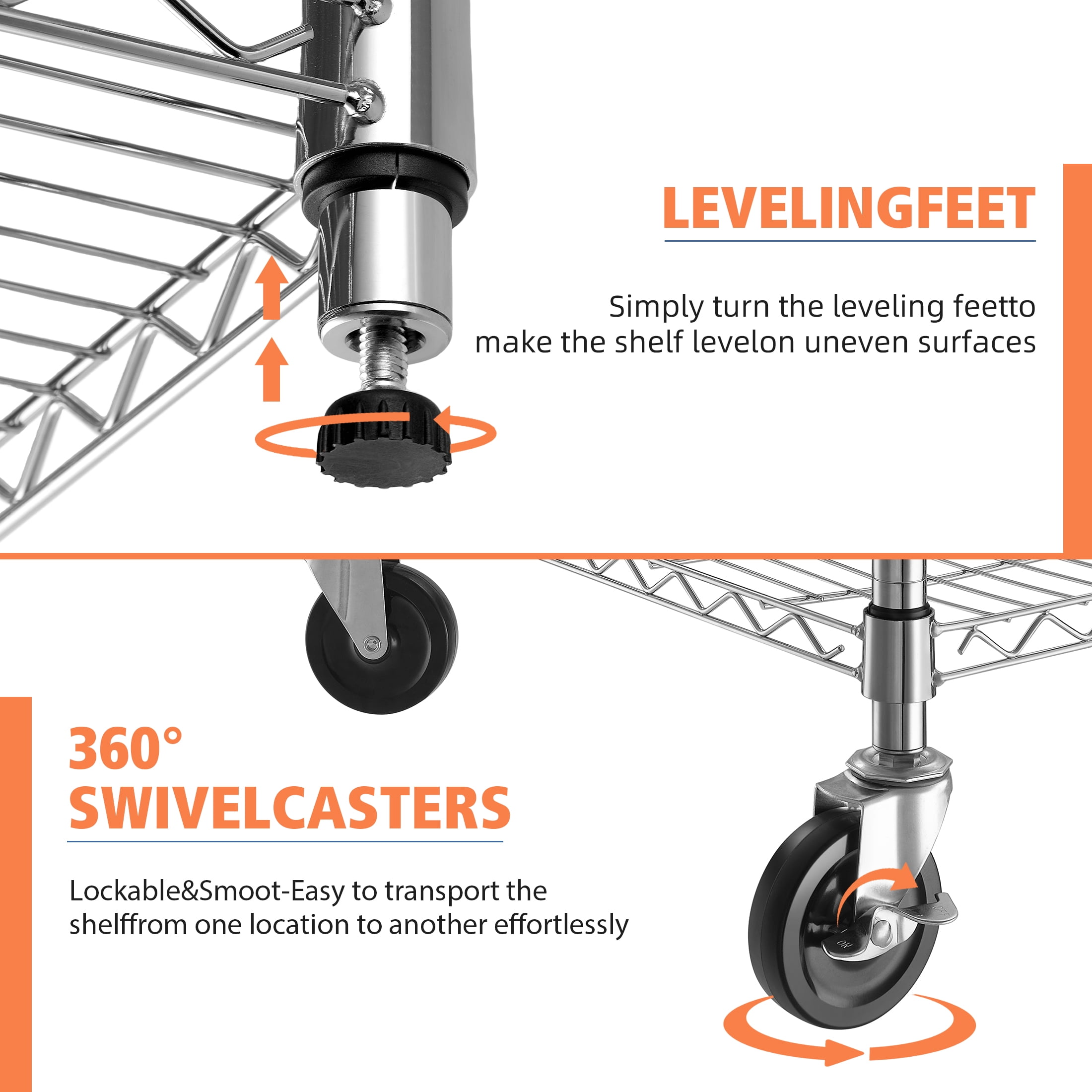 Prilinex 5 Tier Wire Shelving with Wheels 24"W x 18"D x 75"H Steel Storage Shelves, Adjustable Garage Shelves Organizer, Pantry Rack Rolling Metal Shelf 24"W x 18"D x 72"H, Chrome