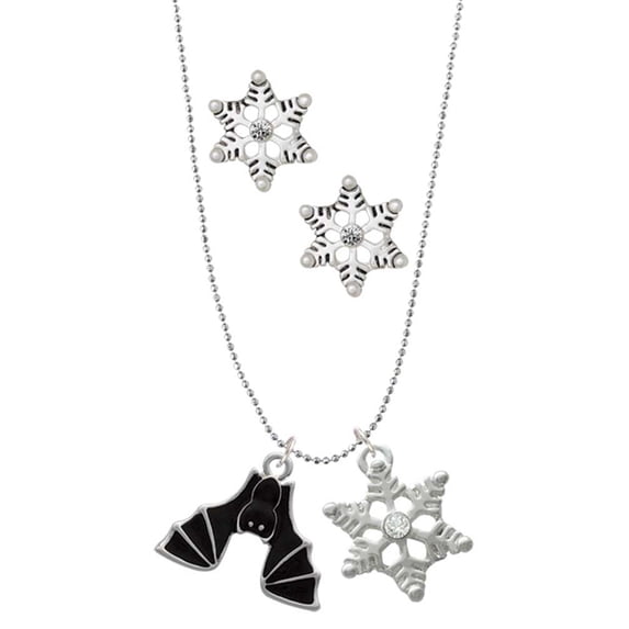Delight Jewelry Silvertone Hanging Bat Silver tone Snowflake Charm Necklace and Stud Earrings