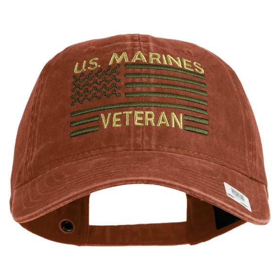US Marines Veteran Flag Design Embroidered Washed Solid Pigment Dyed Cotton Twill Brass Buckle Cap - Red OSFM