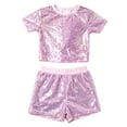 thumbnail image 2 of KVPLBQFD Girls Dance Outfit Shiny Short Sleeve Shorts Set for Kids Sequin Hip Hop Party Wear Teen Fashion Festival Performance Clothes Summer Outfits, 2 of 5