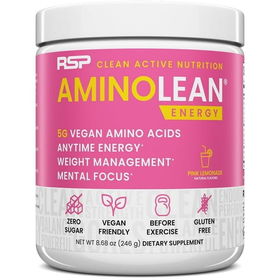 RSP Nutrition AminoLean Pre Workout Powder with BCAAs, Amino Energy for Lean Muscle, Blackberry Pomegranate Flavor, 30 Servings