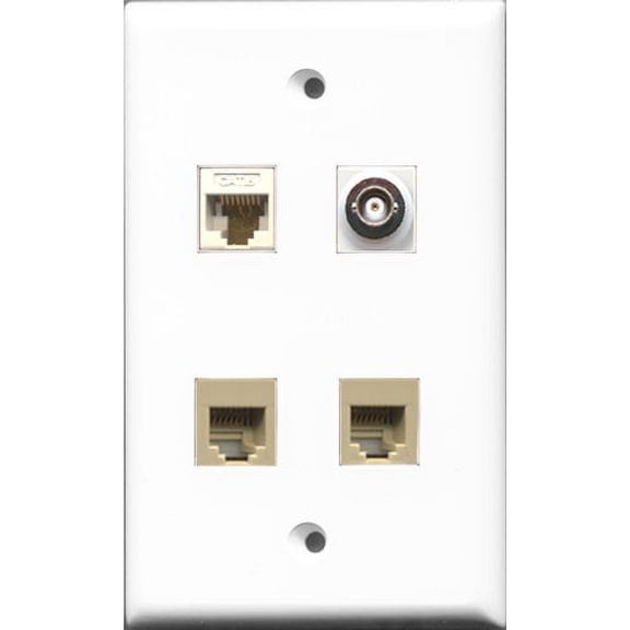 RiteAV - 2 Port Phone RJ11 RJ12 Beige and 1 Port BNC and 1 Port Cat6 Ethernet White Wall Plate
