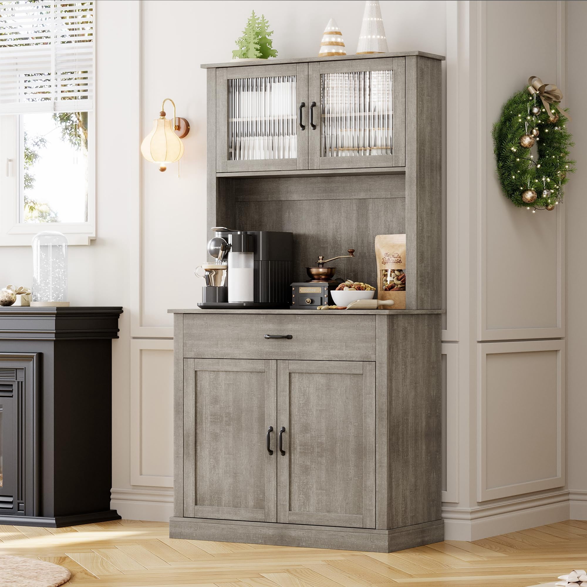 Huisuilinss Kitchen Pantry,71" Tall Pantry Storage Cabinet With Microwave Stand,Kitchen Hutch Cupboard,Freestanding Sideboard Buffet With Drawer,Shelves And Glass Doors,Coffee Bar For Home Dining Room