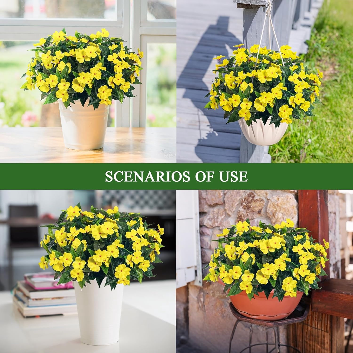 Artificial Impatiens Flowers 4 Pcs 7 Branches Faux Impatiens Bushes Silk Impatiens Bouquet Faux Flower Outdoor UV Resistant Fake Plants for Patio Lawn Garden Pot Hanging Basket Porch Decor,Yellow