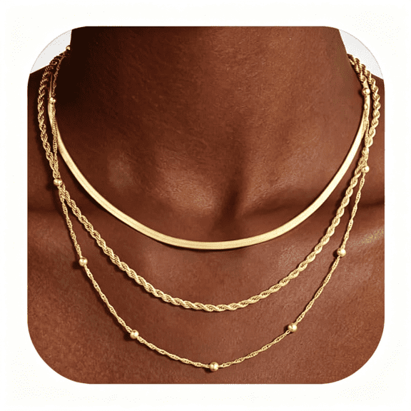 DESIGNICE Layered Necklaces for Women,14K Gold Plated Chain Necklace Stack|Non Tarnish Gold Necklaces for Women,Toggle Clasp Herringbone Rope Satellite Cuban Link Chain Necklace,Trendy Jewelry Gifts