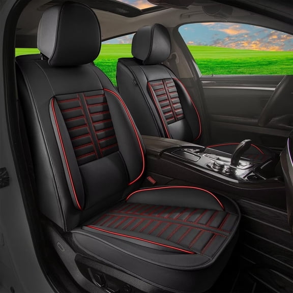 JIAMAOXIN 2pcs Car Seat Covers Front Set with Waterproof Leather,Airbag Compatible Automotive Vehicle Cushion Cover Universal fit for Most Cars (Black and Red)