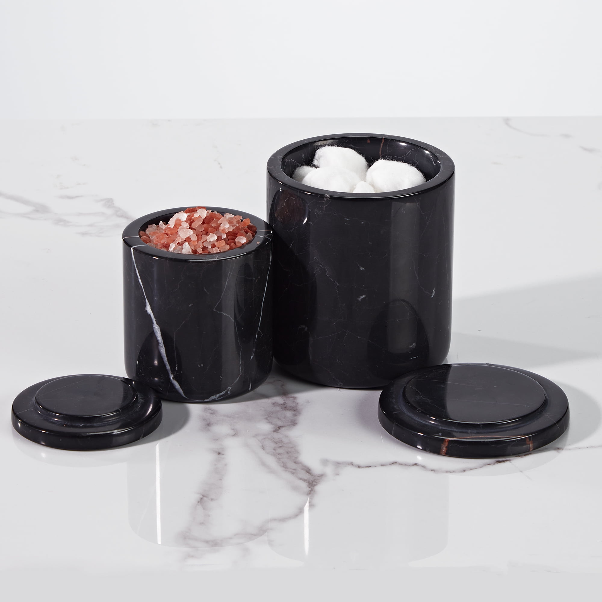 Natural Round Black Marble Canister 5.07 inch L × 5.07 inch D × 5.26 inch H, Sturdy Qtip Holder Dispenser with Lid for Cotton Swab, Pads,Floss Picks,Balls Organic Vanity Makeup Storage