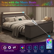 E-motie Full Upholstered Bed Frame with Storage Ottoman, Charging Station and LED, Gray Full Bed