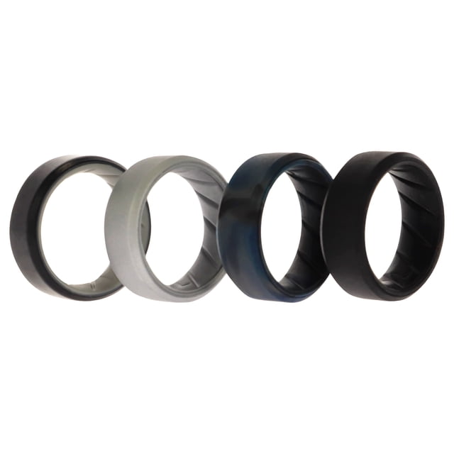 Juego de anillos de boda de silicona BR con borde de 8 mm - Negro-Azul-Camuflaje de ROQ para hombre - Anillo de 4 x 7 mm