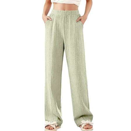 AHTJRT Kids Ribbed Wide Leg Pants High Elastic Waist Pants with Pockets Lightweight Cotton Comfy Soft Lounge Trousers Green 13-14 Years