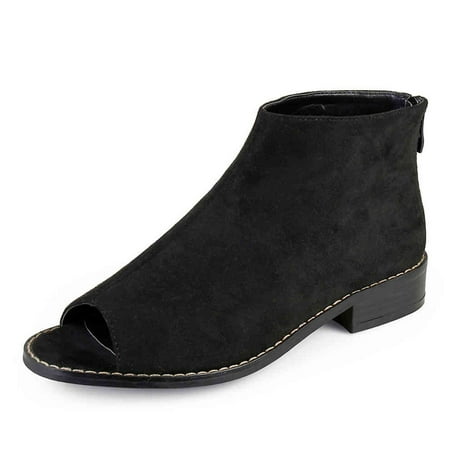 

YDN Women Comfort Block Low Heels Ankle Bootie Peep Toe Pumps Versatile Suede Flats Shoes with Back Zipper Daily Size 5.5 Black