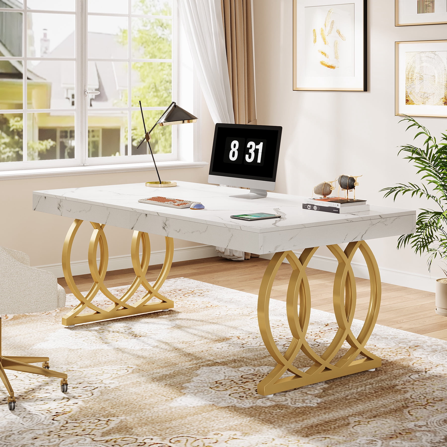 Tribesigns 63-inch Executive Desk, Modern Office Computer Desk with Stylish Gold Legs, White and Gold