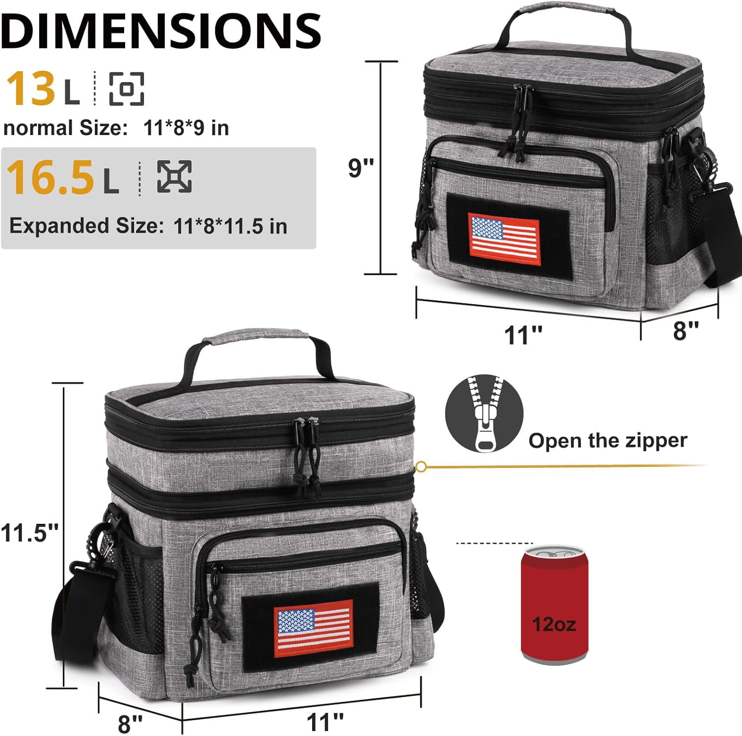 TRIPGEAR Double Deck Lunch Box for Men, Lunch Cooler Bag Work with Shoulder Strap Webbing Large Capacity Leakproof Insulated(19.5 Gray)