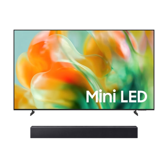 combo tv samsung 65" mini led m80haf vision ai 4k (2026) + barra de sonido 2.0 ch hw-b400f Vista frontal centrada de TV Samsung 65" Mini LED con bisel negro delgado y pantalla con fondo abstracto colorido y texto 'Mini LED', y barra de sonido negra 2.0 ch con rejilla textil debajo; Bluetooth y Samsung Vision AI según especificaciones; a menudo usada como centro de entretenimiento para cine en casa.