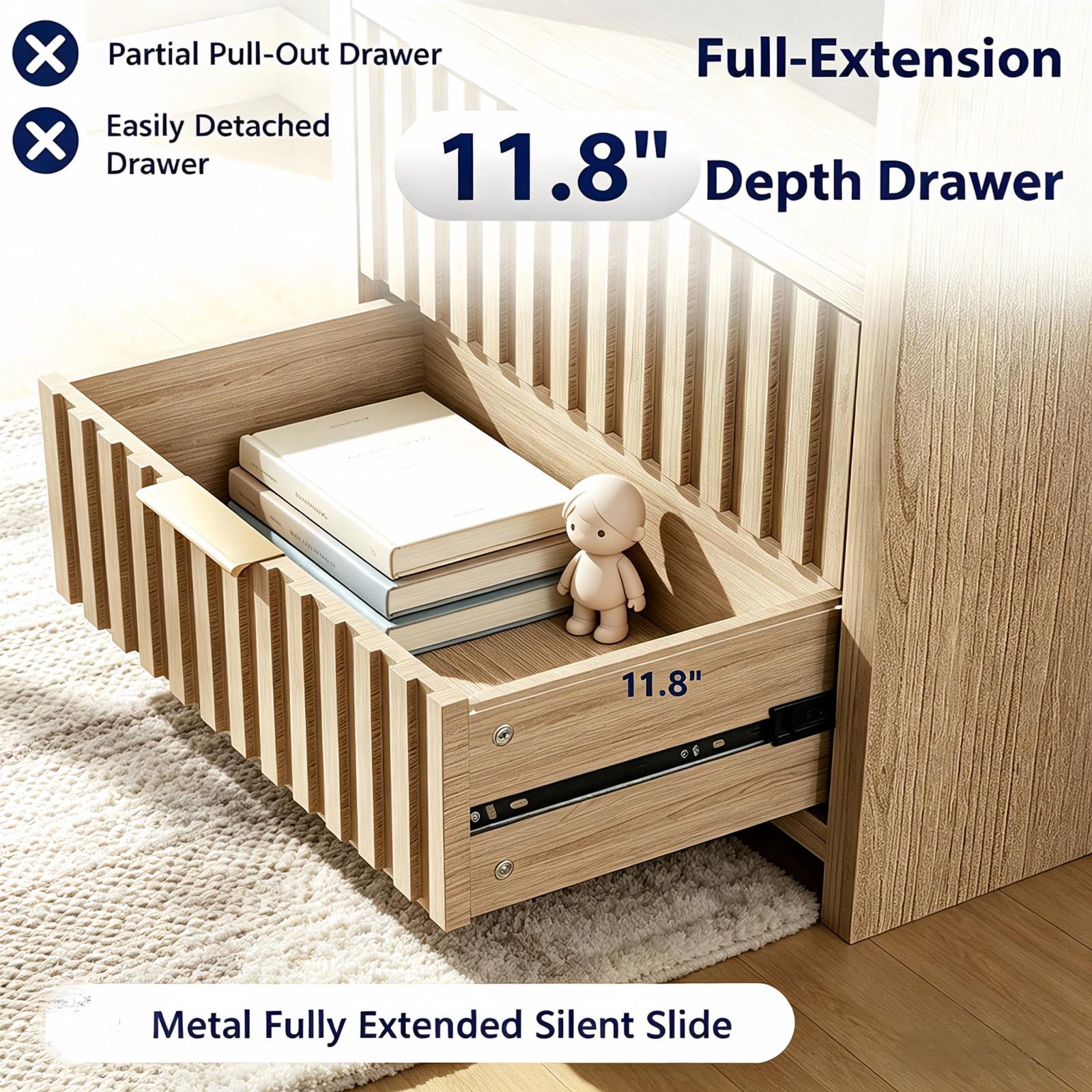 Astoutdoor 2-Drawer 1-Shelf Bedside Table, Light Gray Wood, 23.6 x 15.6 x 25.2 in