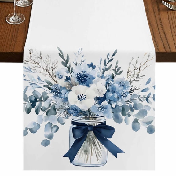 Blue Spring Floral 60 Inch Table Runner, Watercolor Summer Flowers Farmhouse Dresser Scarf Cotton & Linen Tablerunner for Dining/Kitchen Island/Holiday Party Décor 13" x 60"