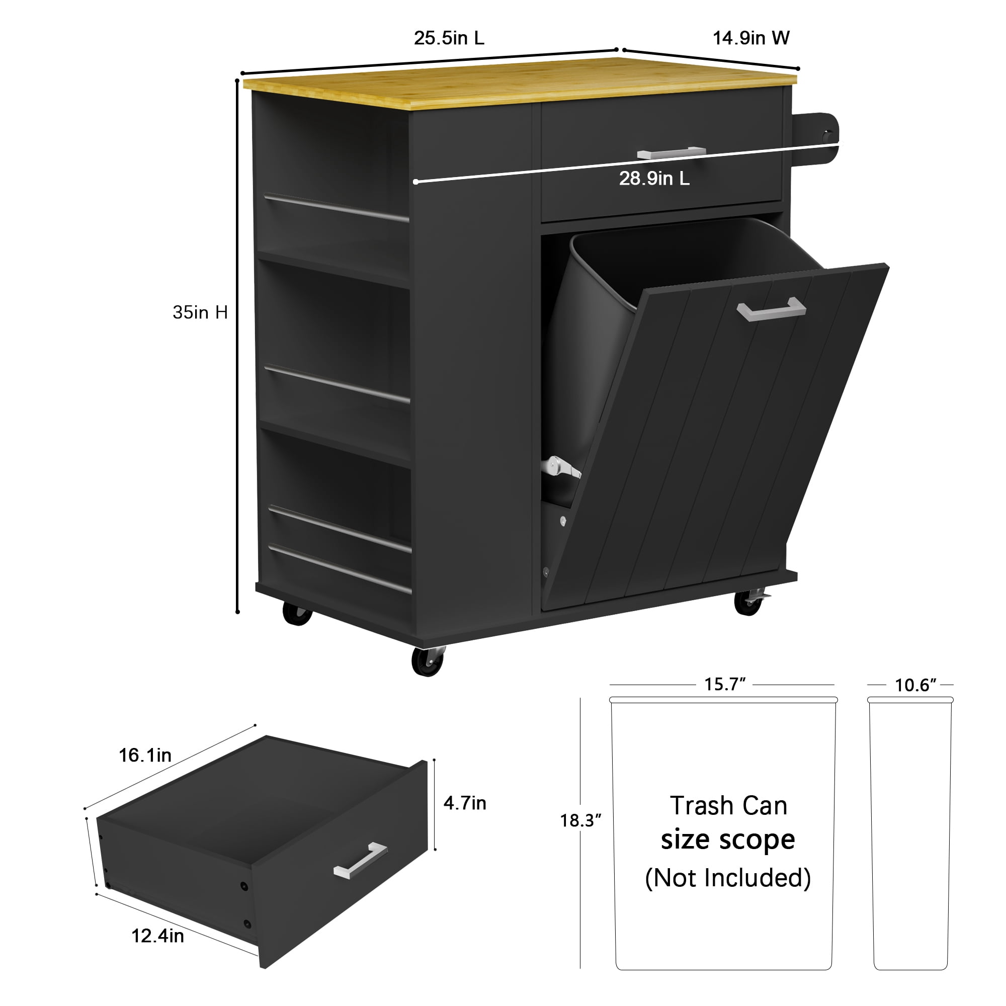 Glavbiku Rolling Kitchen Island Cart with Tilt-Out Trash Bin Cabinet & Drawer for Kitchen,Black