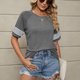 thumbnail image 2 of Top Mujer Manga A Rayas Cuello Redondo Manga Corta Suelta Camisa Básica Informal Top para Verano Gris XL, 2 of 8