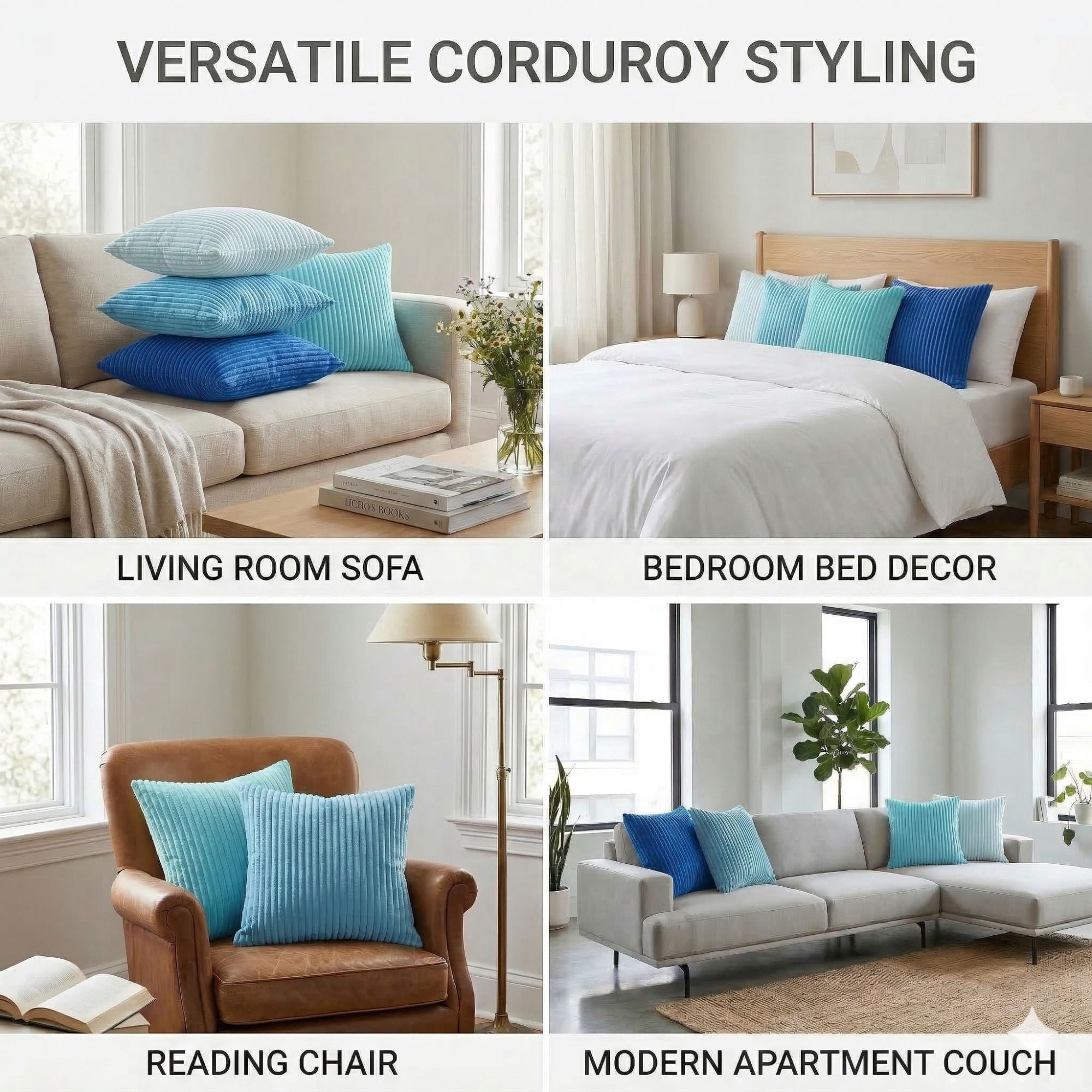 Decorative Throw Pillow Covers 18x18 Inch, Set of 4 Soft Corduroy Cushion Covers, Farmhouse Boho Neutral Pillow Cases for Couch, Sofa, Bed, Living Room
