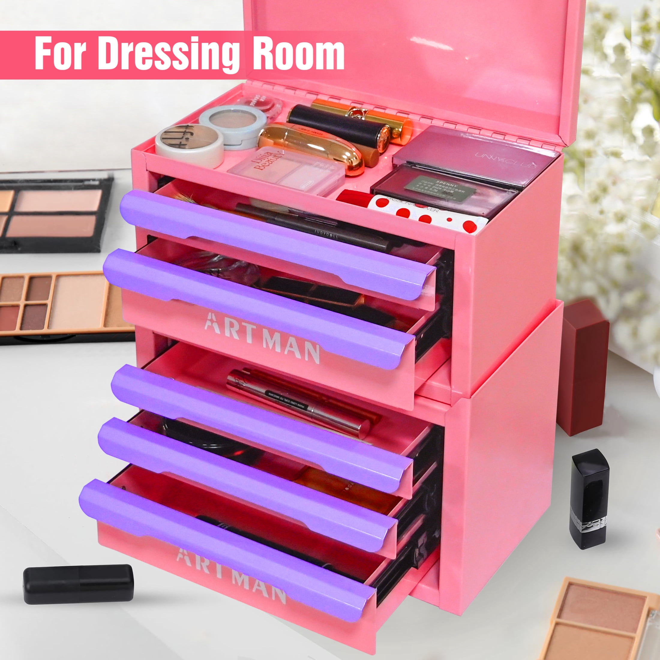 Noble House Carola Drawer-Style Desktop Storage Box, 5-Tier Stackable Steel Organizer Rack, Light Pink & Purple