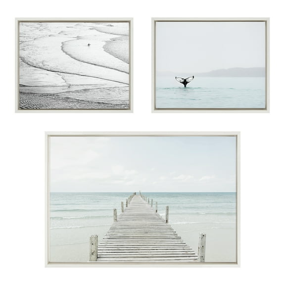 Kate and Laurel Sylvie Ocean Beach San Francisco, Whale Tail in the Mist and Wooden Pier on The Beach Framed Canvas Wall Art Set by Various Artists, Set of 3, 16x20 and 23x33 White, Coastal Art Set