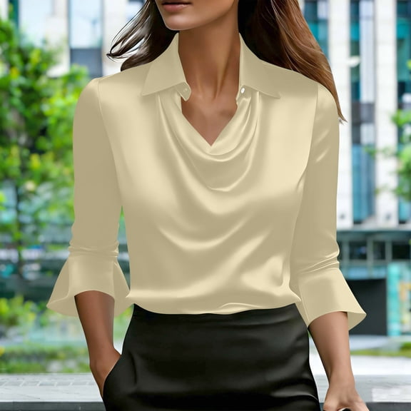 ClodeEU Women's Elegant Satin Silk Cowl Neck Ruched Front Draped Blouse,3/4 Sleeve Work Office Shirt Top Beige ^,Womens Plus L