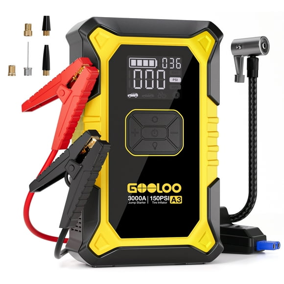 Gooloo A3 Car Jump Starter with Air Compressor, 3000A 150PSI Portable Jump Starter (9.0L Gas/6.5L Diesel) with Digital Tire Inflator, 12V Car Battery Charger Booster with LED Light Power Bank