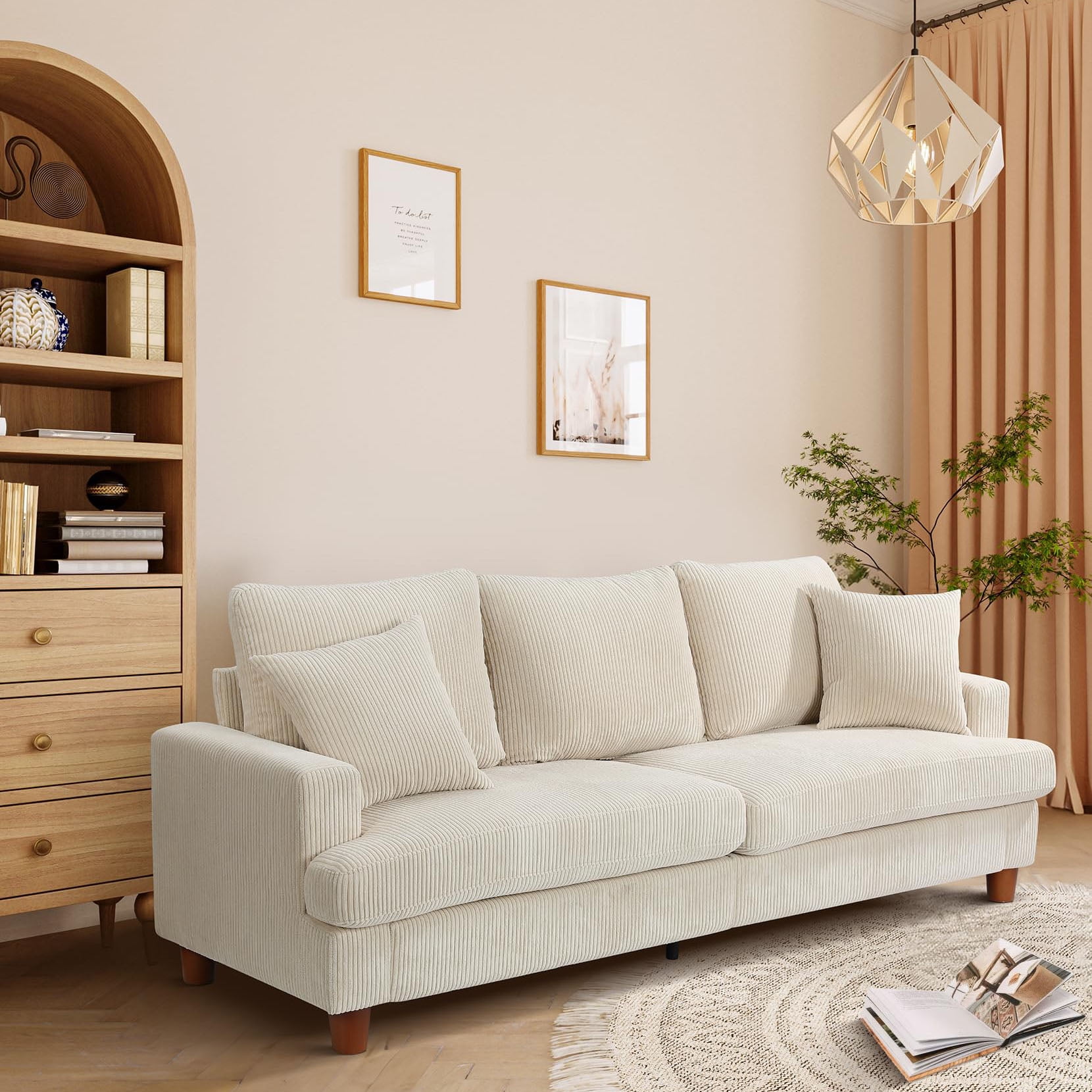 87" Corduroy Sofa,3 Seater Sofa with Extra Deep Seats,Neche Comfy Upholstered Couch for Living Room,2 Pillows,Beige