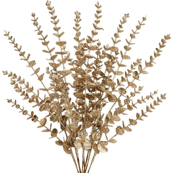 8 Pcs Christmas Tree Picks and Sprays Champagne Glitter Christmas Picks 25.6" Christmas Glitter Eucalyptus Leaves Stems for Christmas Tree Filler Branches Wreaths Centerpieces Holiday Decorations