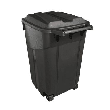 Heavy Duty Wheeled Plastic Garbage Can, 45 Gallon Capacity, Attached Lid, Black