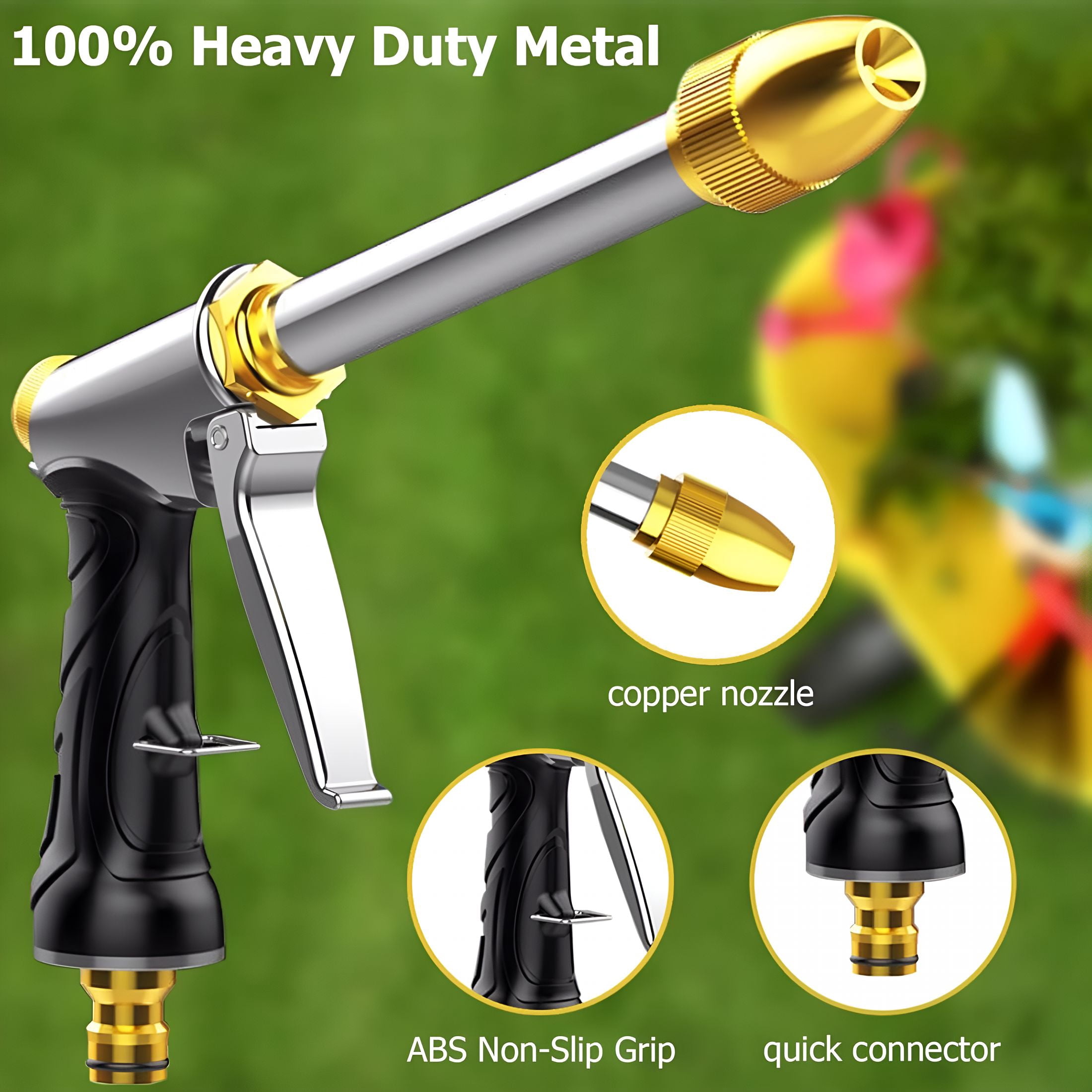 HIBIBUD Upgraded Garden Hose Nozzle Sprayer,Heavy Duty Metal Water Hose Nozzle,High Pressure Spray Gun with 3/4"Brass Quick Connectors,For Watering Plants&Lawns,Patio Cleaning
